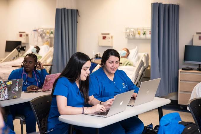 Nursing students reviewing notes together